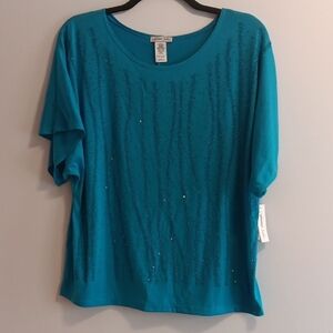 Forever Jade Blue Dressy Short Sleeve Top with Beaded Design, Round Neck, NWT
